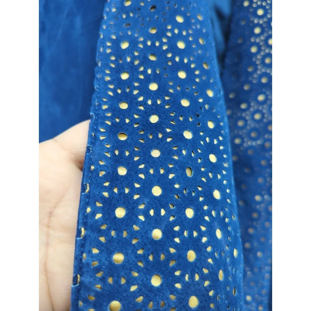 L1 IMAN Genuine Soft Leather Suede Women's Sz M Blue w/Gold Eyelet Collar Jacket